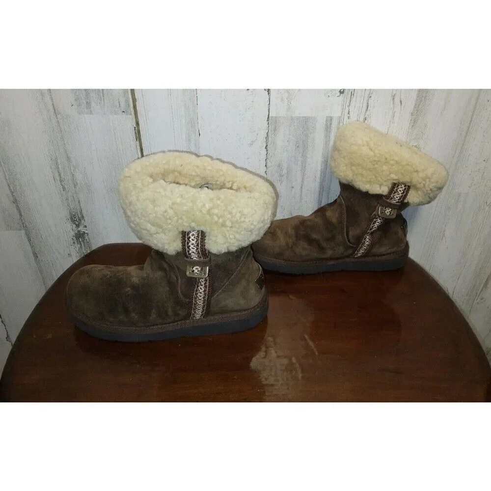 UGG Metro Tas Espresso Brown Suede Shearling Ankle Boots Fur Cuff Boots 7 5677